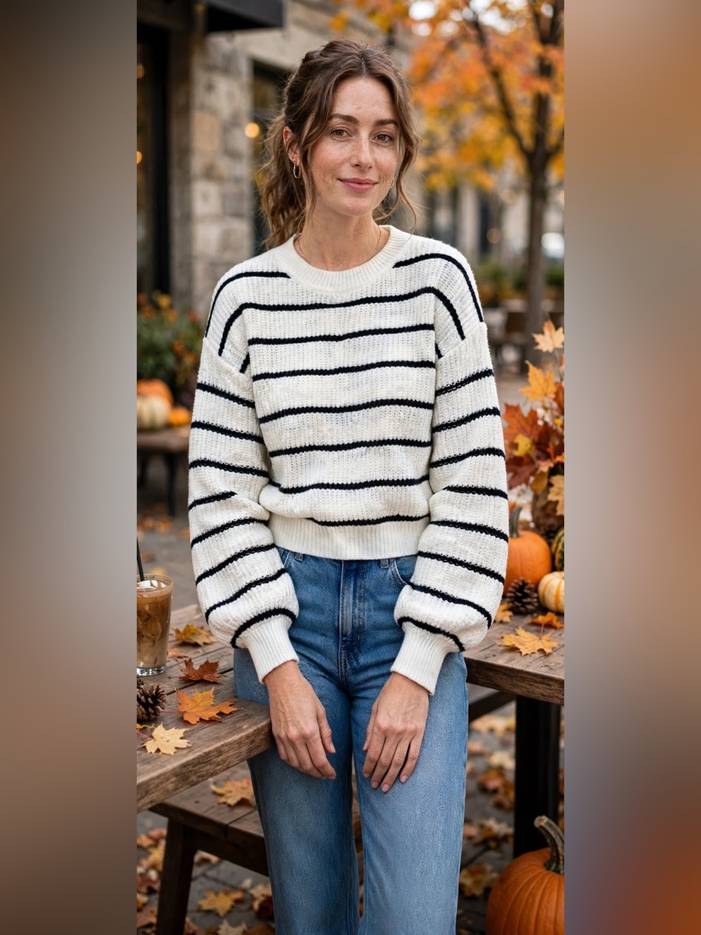 Cider Cream Crewneck Sweater with Black Stripes